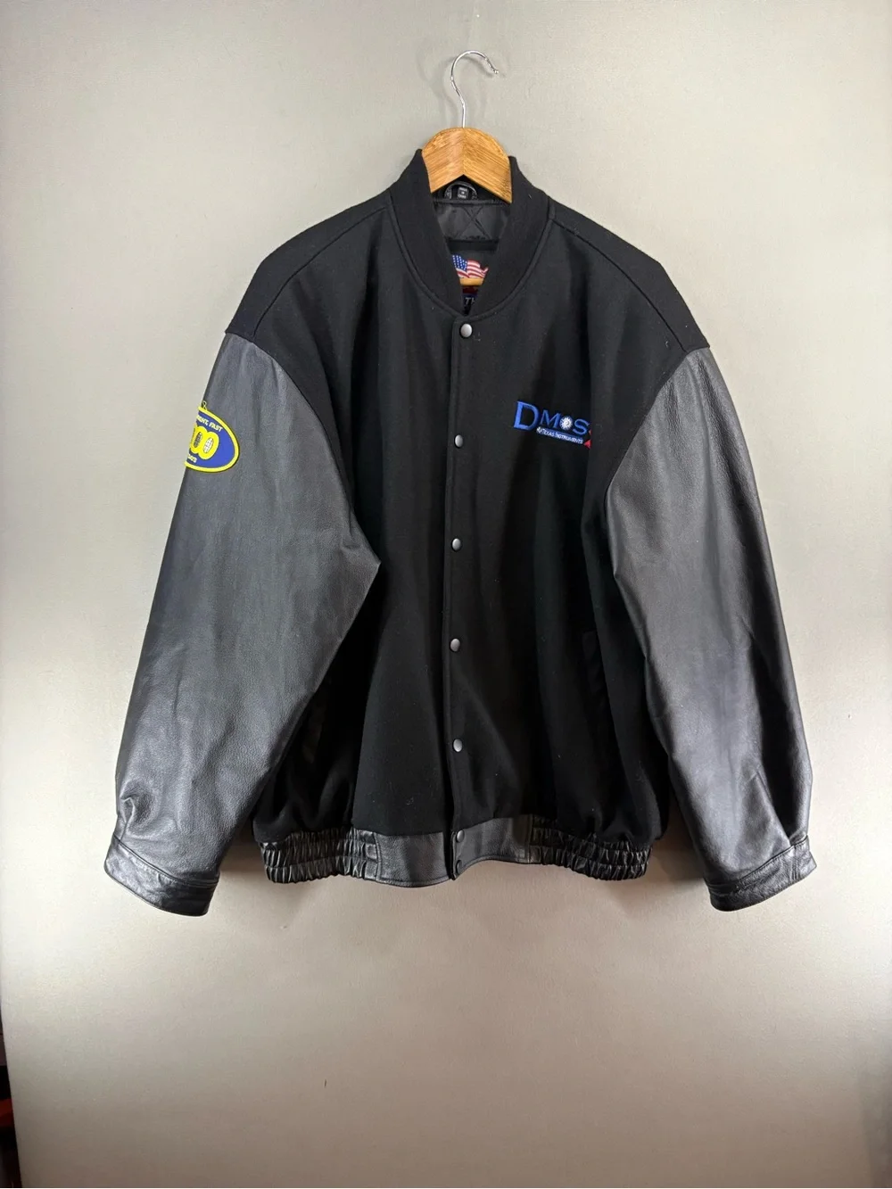 Usa Leather Men Bomber Jacket Leather Wool Logo Dmos5 Black Size 2XL Varsity